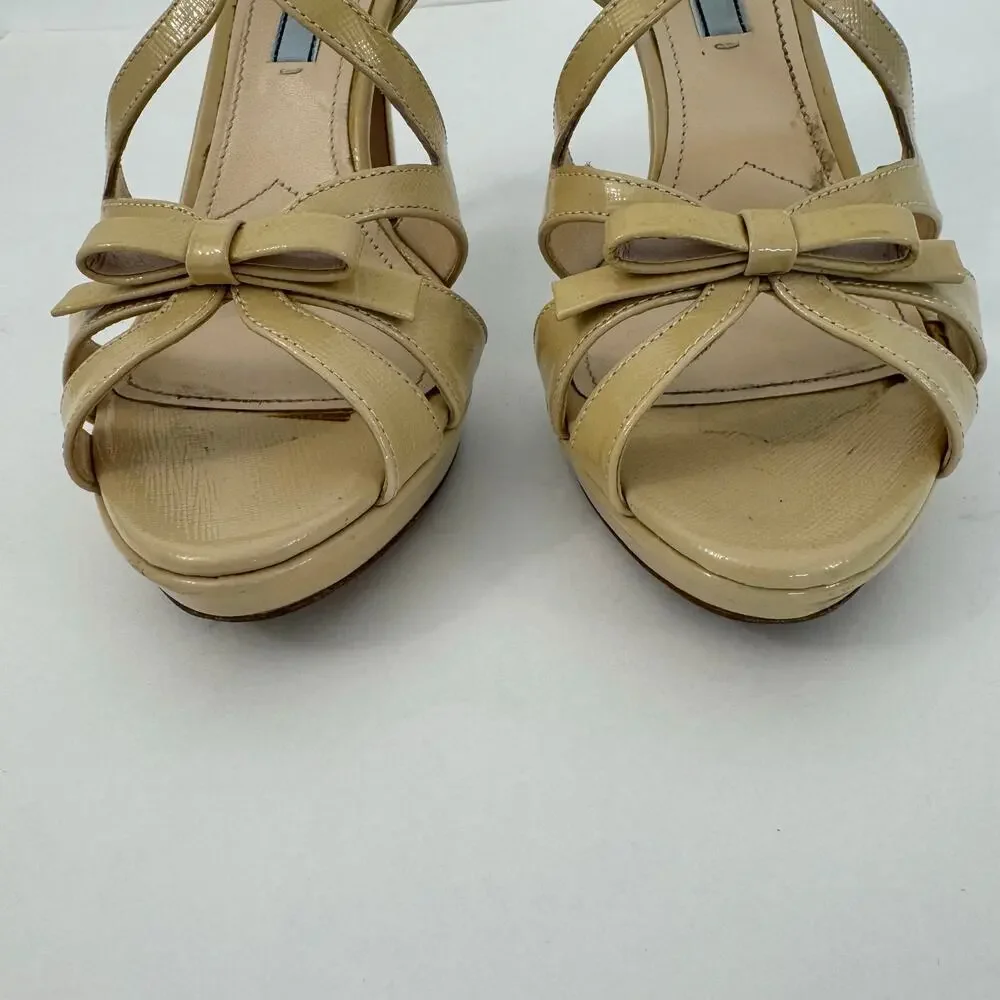 Prada Patent Leather Bow Accents Strappy Sandals Shoes Nude Tan | 37.5 (US 7.5)